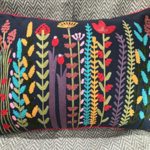 Floral Embroidered Cushion (Navy)
