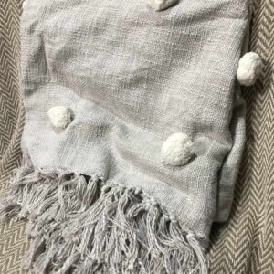 Grey Cotton Throw - White Pom Poms